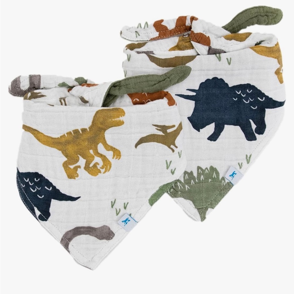 NWT Little Unicorn Cotton Muslin Reversible Bandana Bib 2 Pack (Dino Friends)
